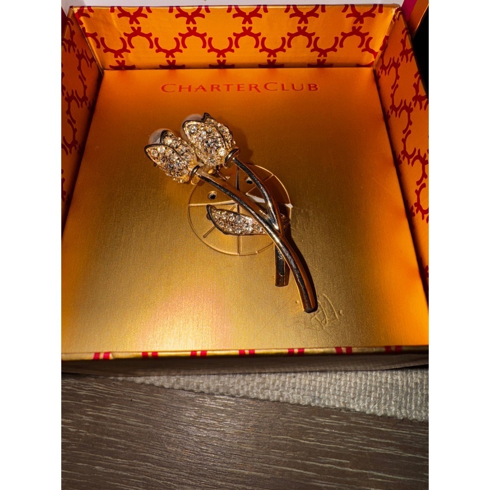 Charter Club Tulip Flower Brooch Gold‎ Tone Faux Pearl Rhinestone in Box